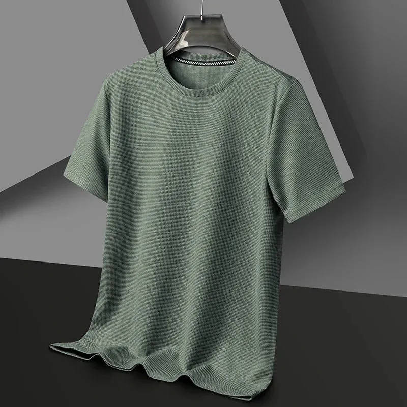 Short-Sleeved Waffle Solid Polo Shirt - Round Neck