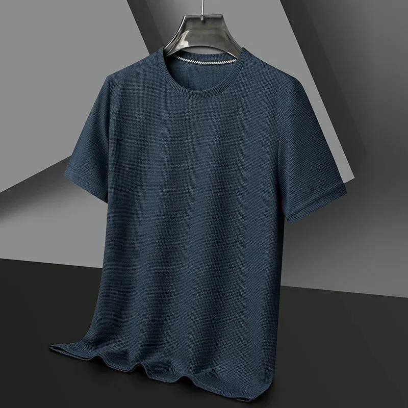 Short-Sleeved Waffle Solid Polo Shirt - Round Neck