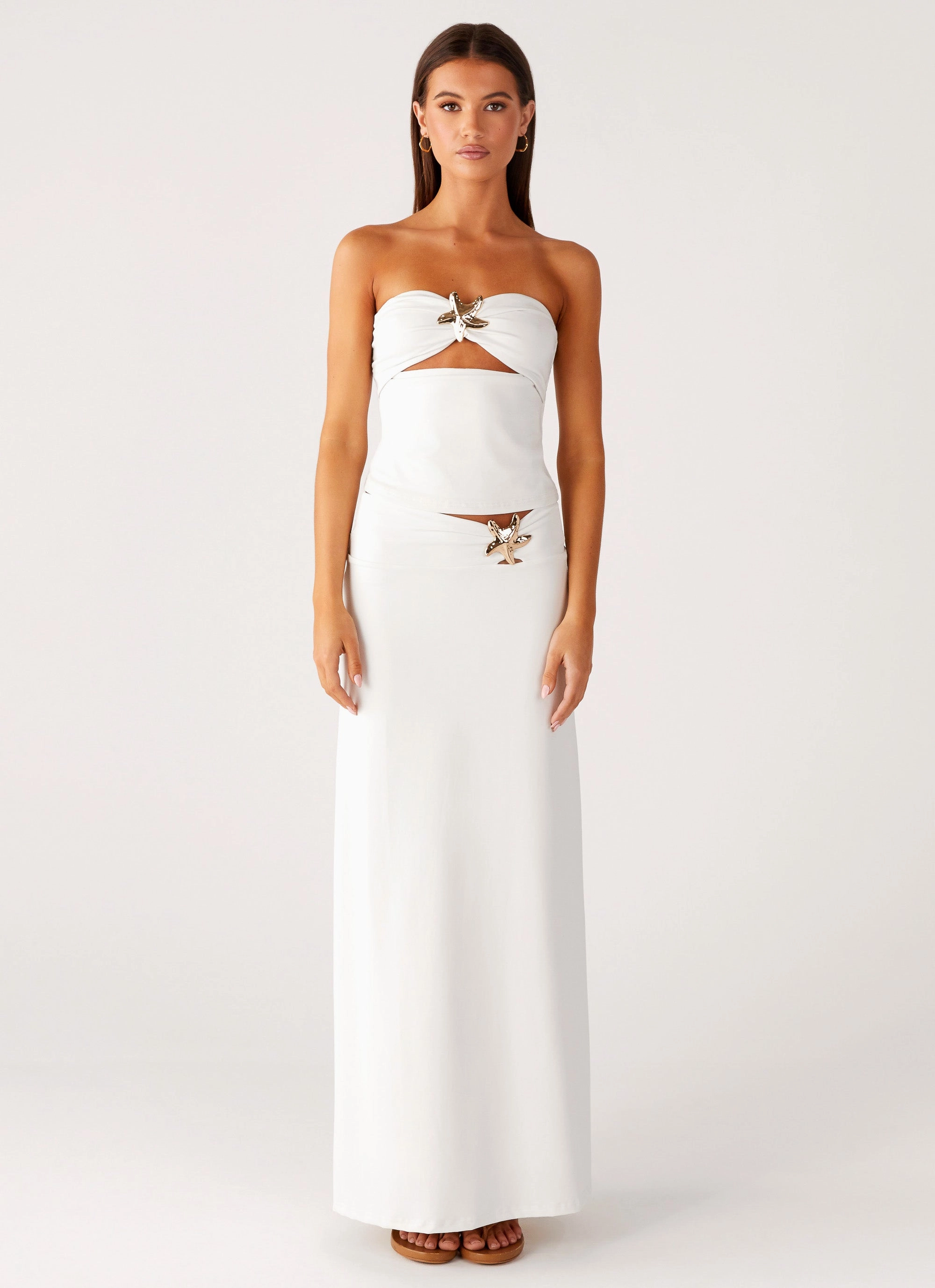 Elastic Hem Adjustment Double Stitch Seams Shoreline Glow Strapless Top - Off White