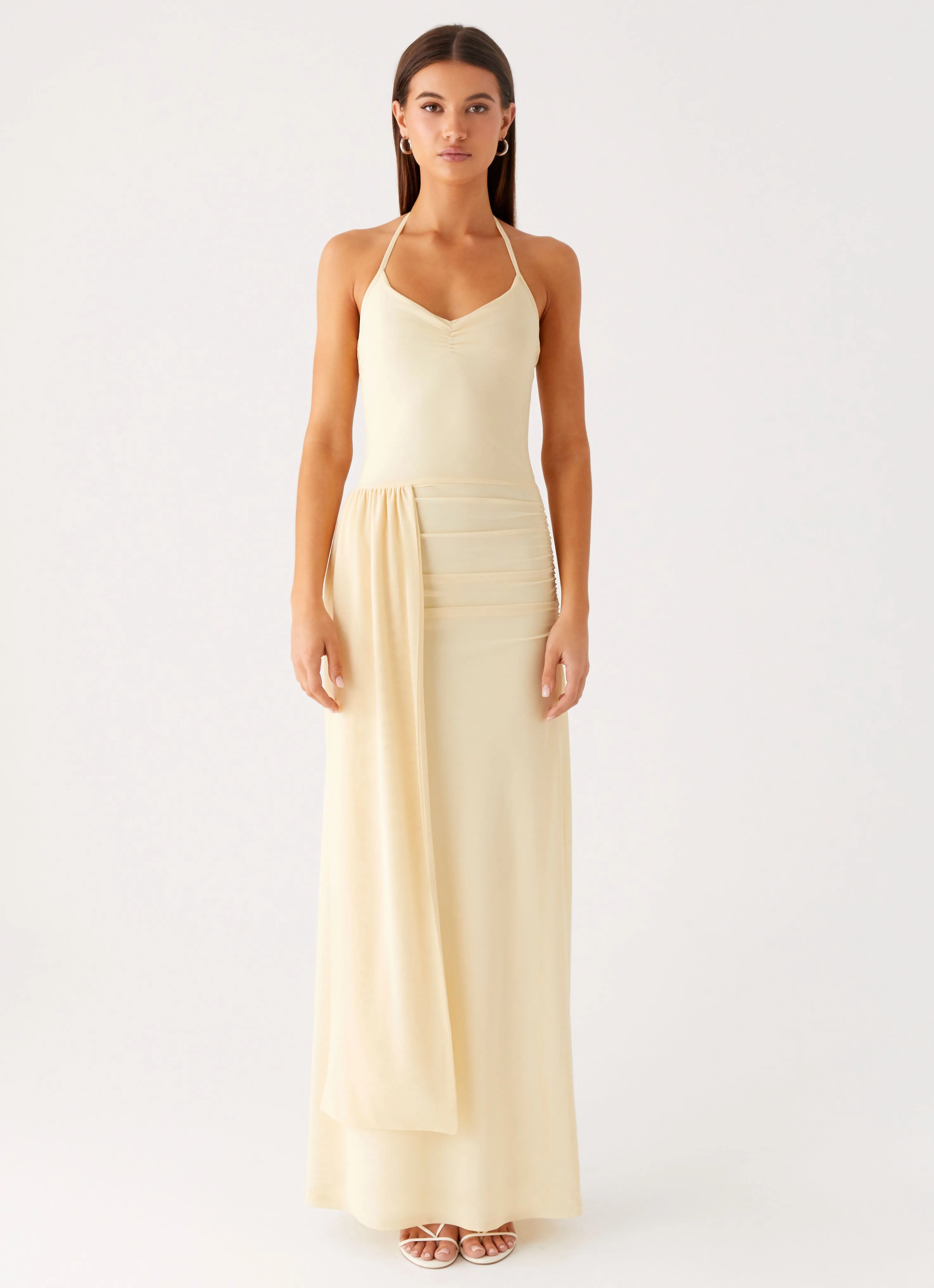 Casual and Stylish Texture Soft Signal Halter Maxi Dress - Sunny Yellow