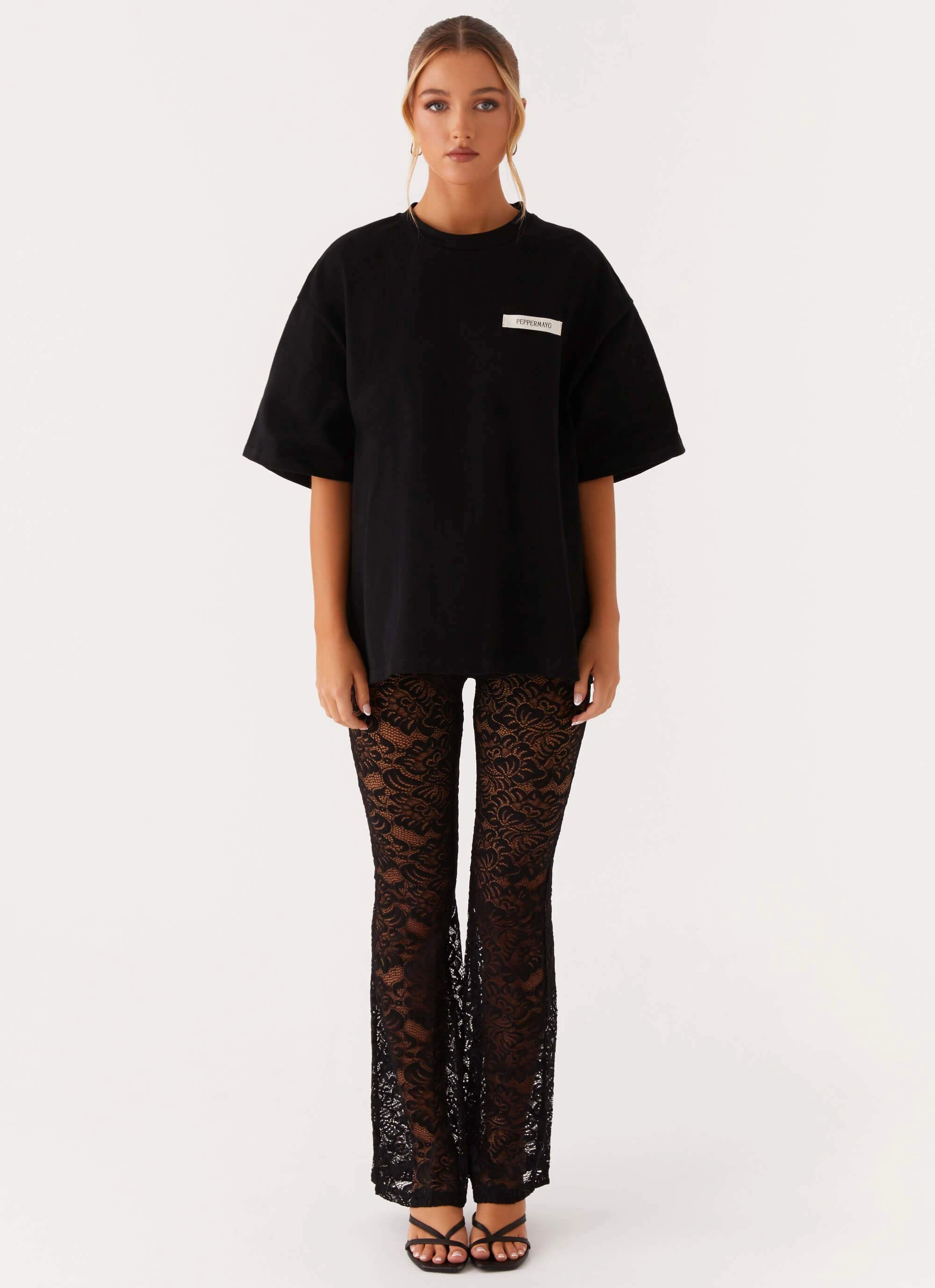 Convertible Neckline Variable Tension Adjustment Signature Oversized Tee - Black