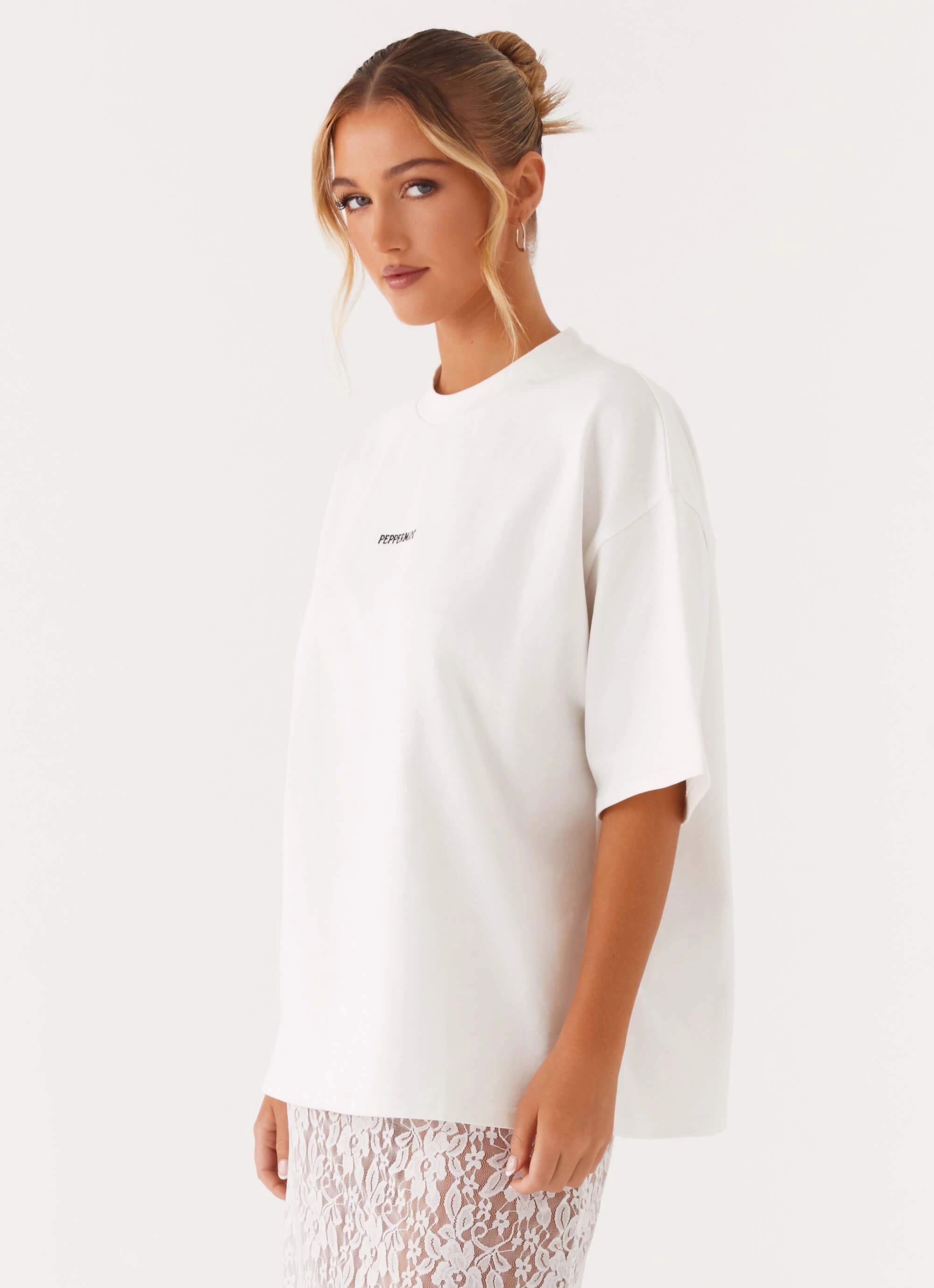 Signature Oversized Tee - White Ribbed Hem Antimicrobial Finish