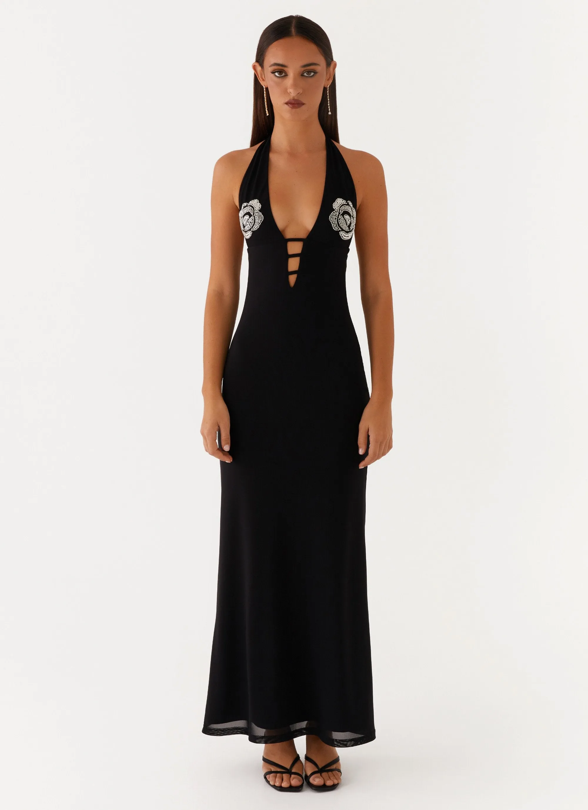 Polina Beaded Halterneck Maxi Dress - Black Year Rounder
