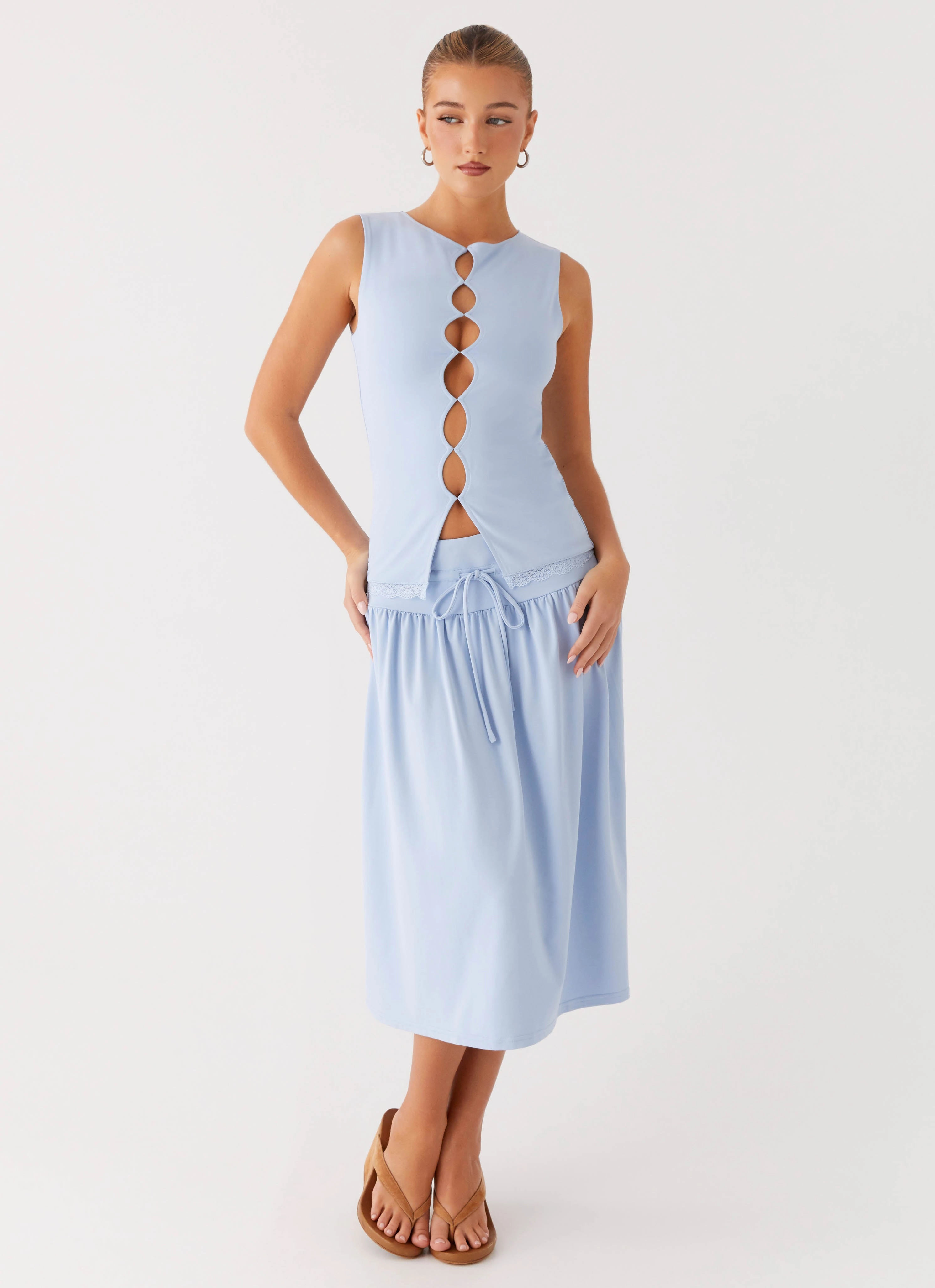 Low Profile Waistband Silver Tides Midi Skirt - Blue