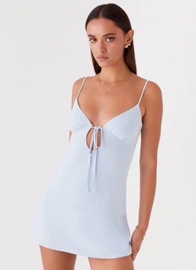 Silky Finish Polished Fit Flora Linen Mini Dress - Baby Blue