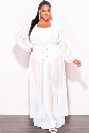 Hidden Zip Pockets Layered Style Final Sale Plus Size 2pc Sheer Duster and Pants Set in White