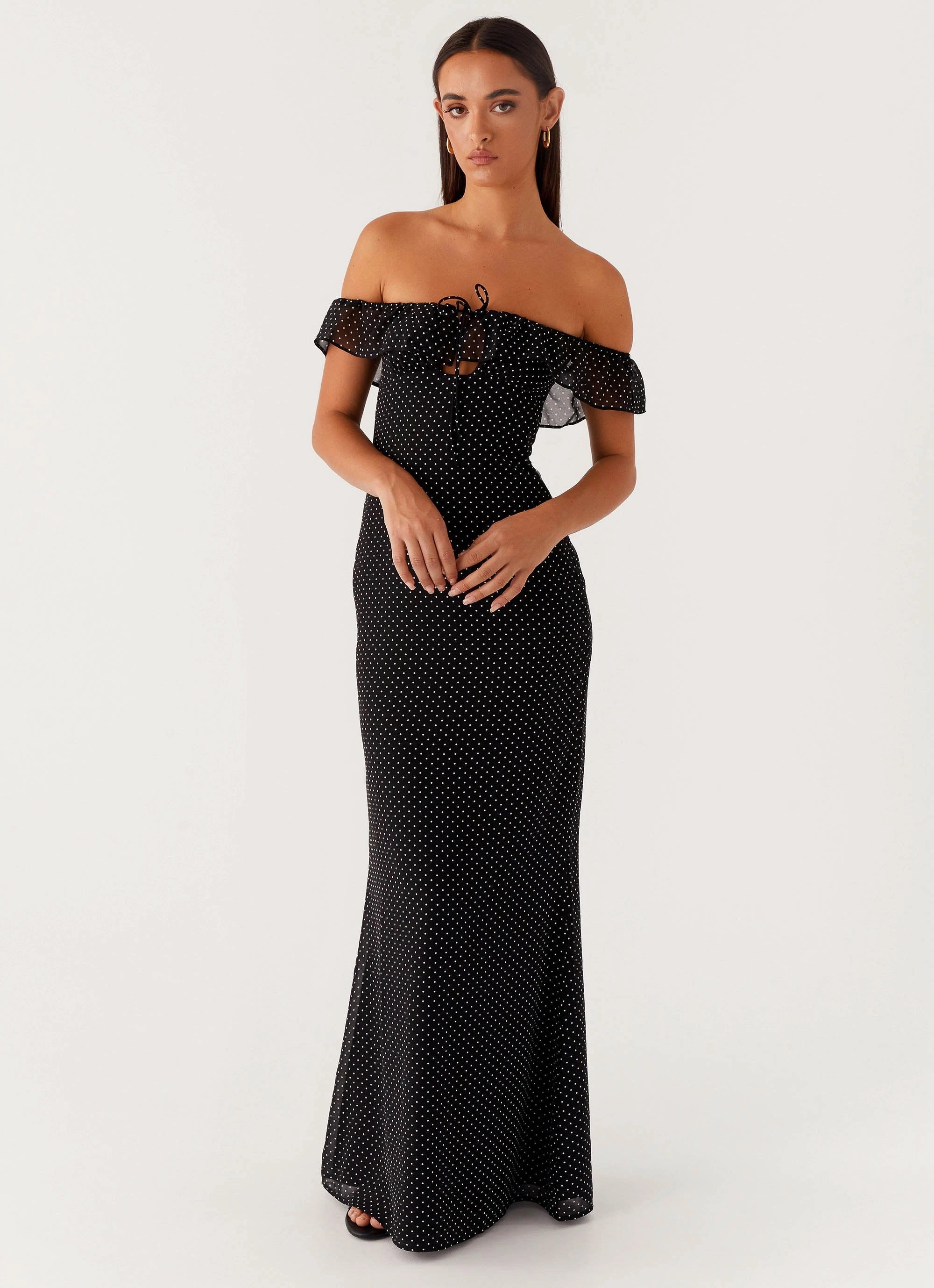 Scarlet Cherry Maxi Dress - Black Polka Dot Urban Line Front Ruffle