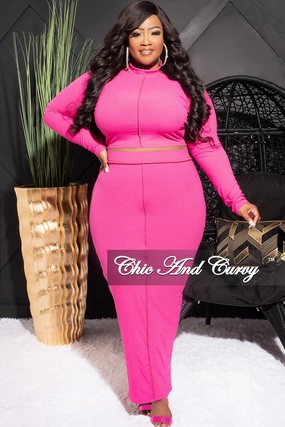 Essential Waist Final Sale Plus Size Ribbed 2pc Outer Sems Crop Front Knot Top and Pencil Skirt Set in Fuchsia