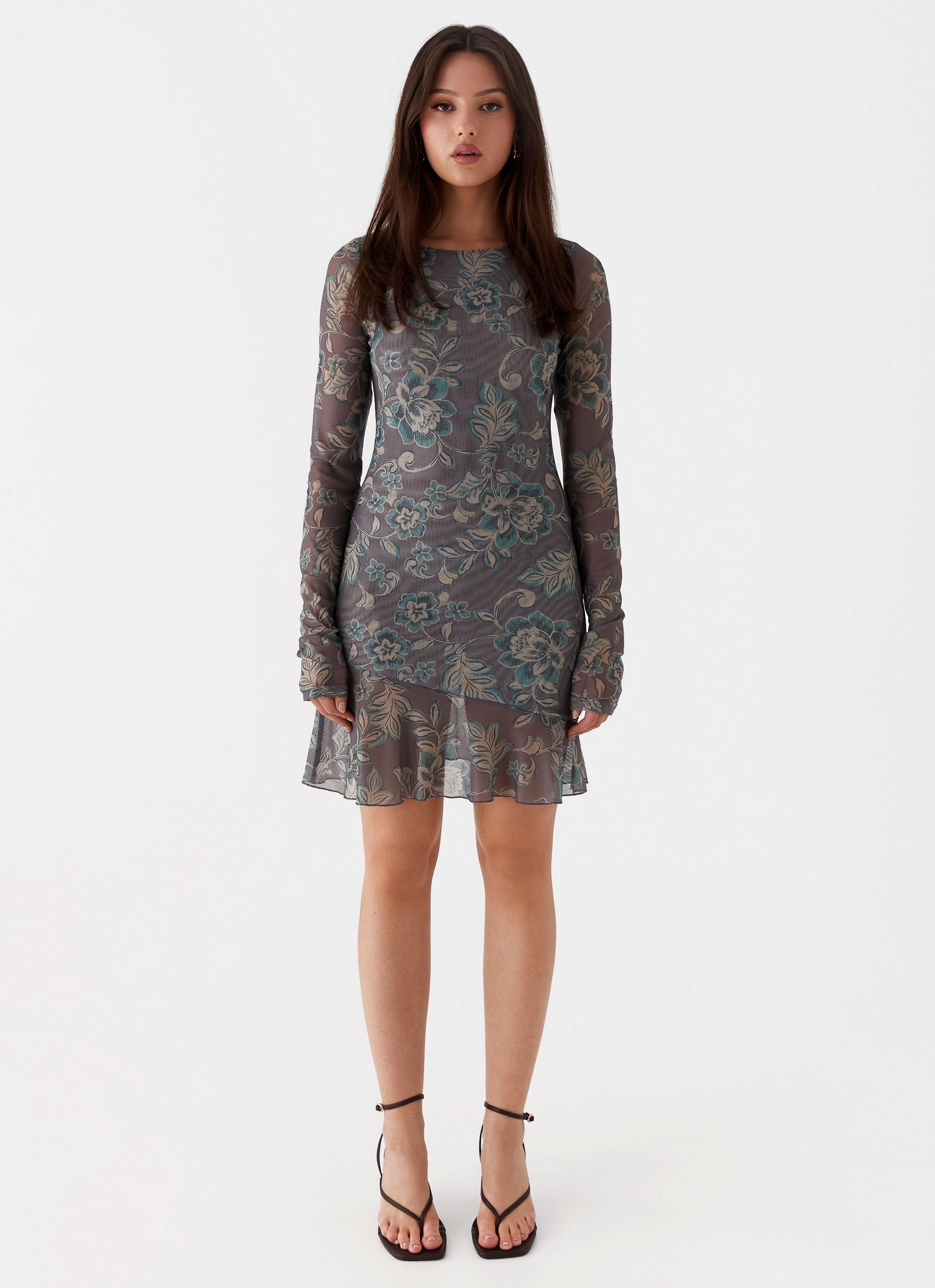 Ines Long Sleeve Mini Dress - Brown Floral foldable Lightweight Piece