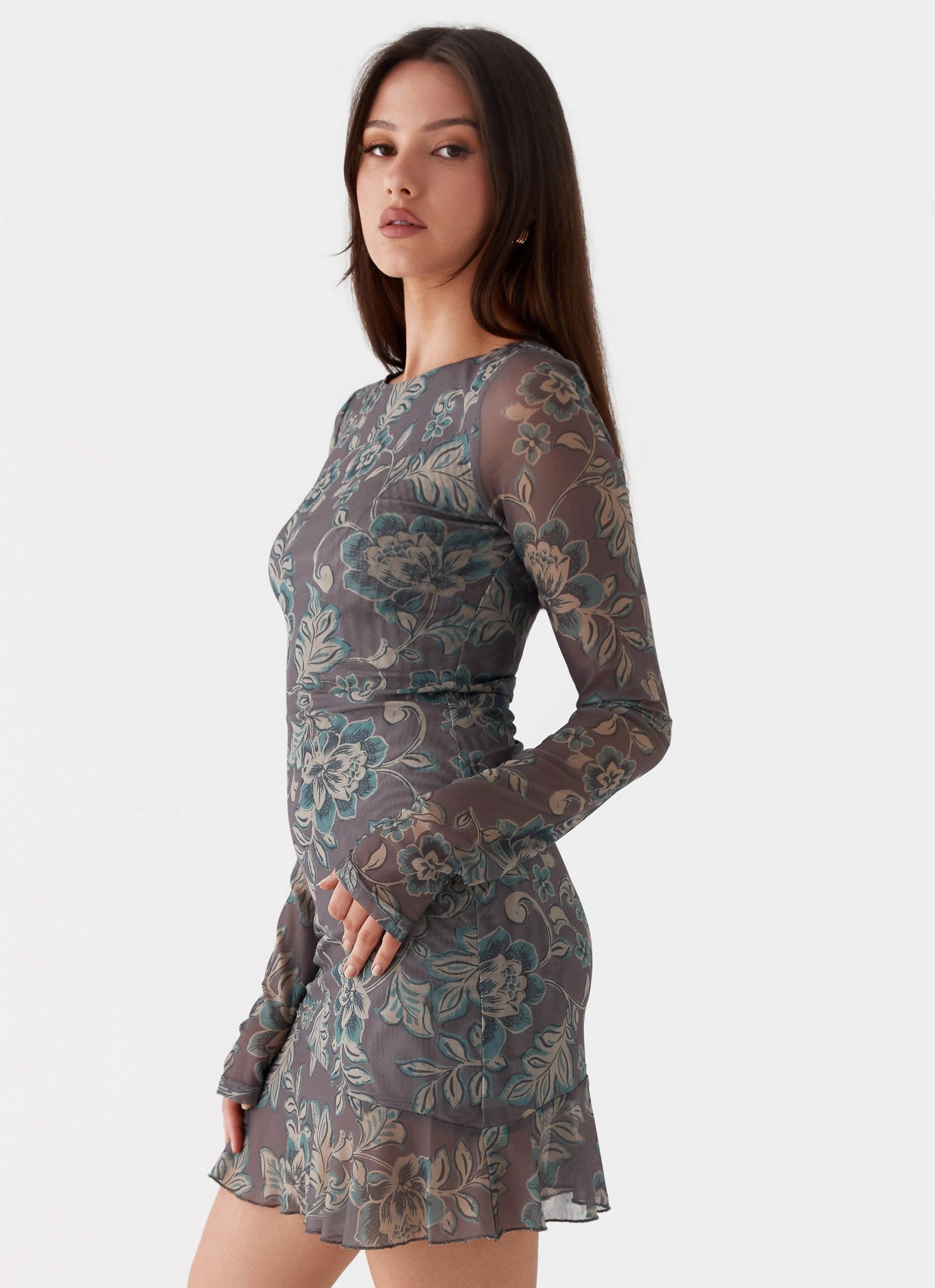 Ines Long Sleeve Mini Dress - Brown Floral Classic Fit