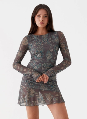 Sheer Element Tulle Flow Ines Long Sleeve Mini Dress - Brown Floral