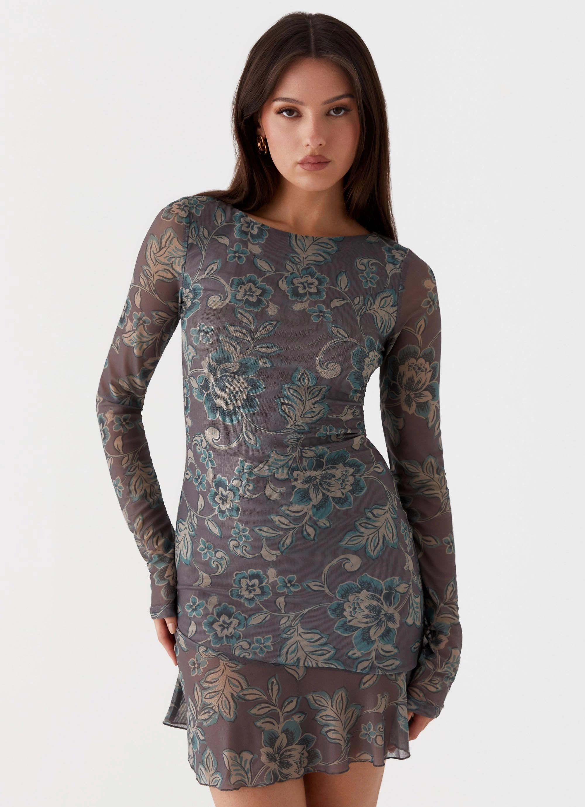 Back Detail Ines Long Sleeve Mini Dress - Brown Floral