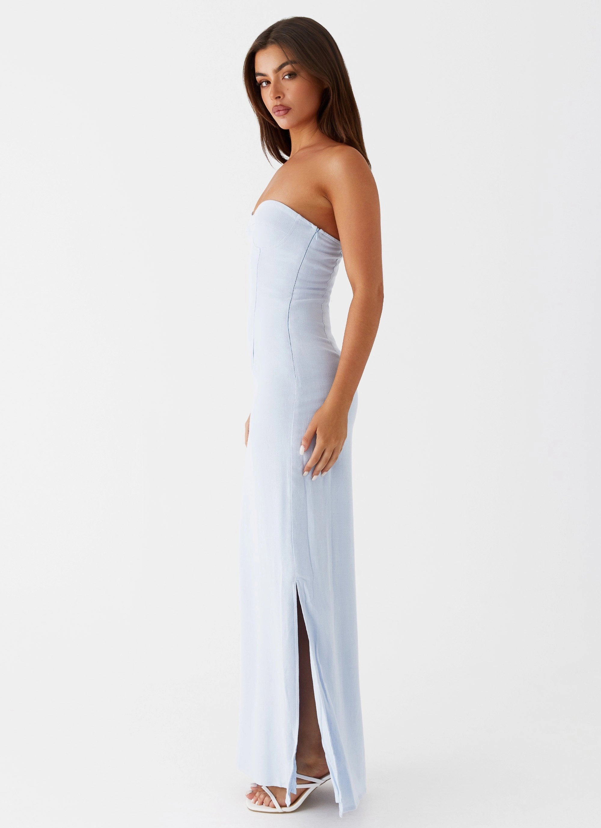 Mixed Fabric Esra Linen Strapless Maxi Dress - Blue
