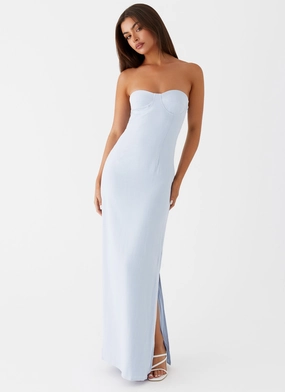 Esra Linen Strapless Maxi Dress - Blue Waist Seam