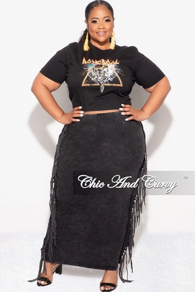 Quick Adjust Fit Durable Fabric Final Sale Plus Size High Waist Fringe Trim Pencil Skirt in Black