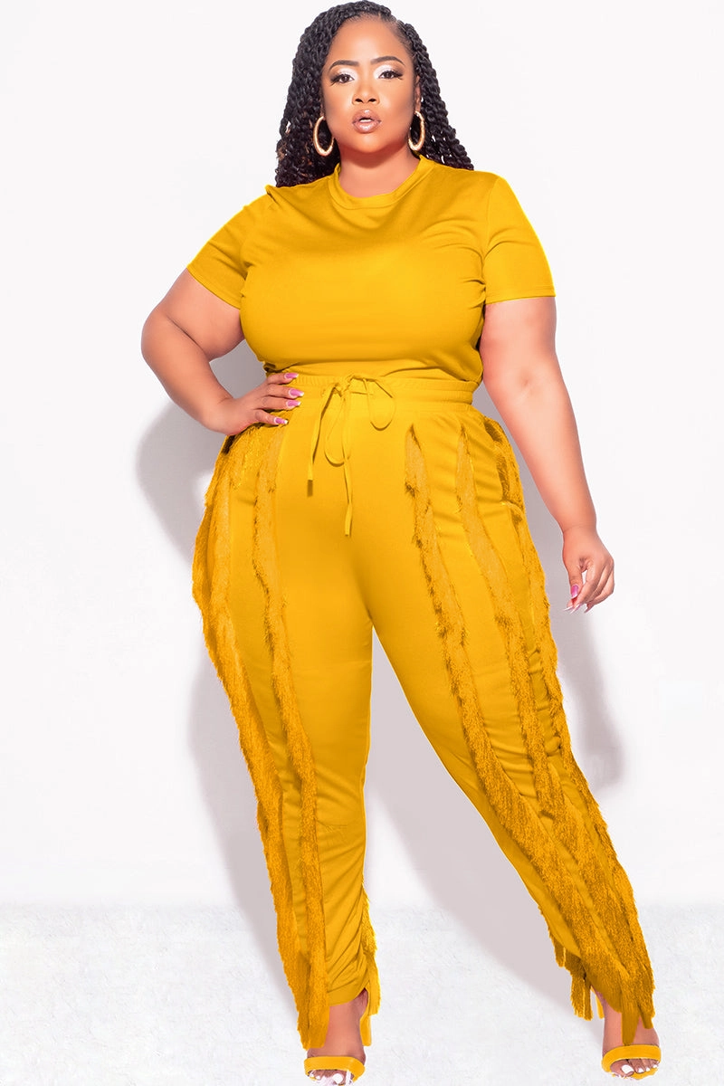 Final Sale Plus Size 2pc Tassel Pant Set in Mustard Tagless Design Easy Match