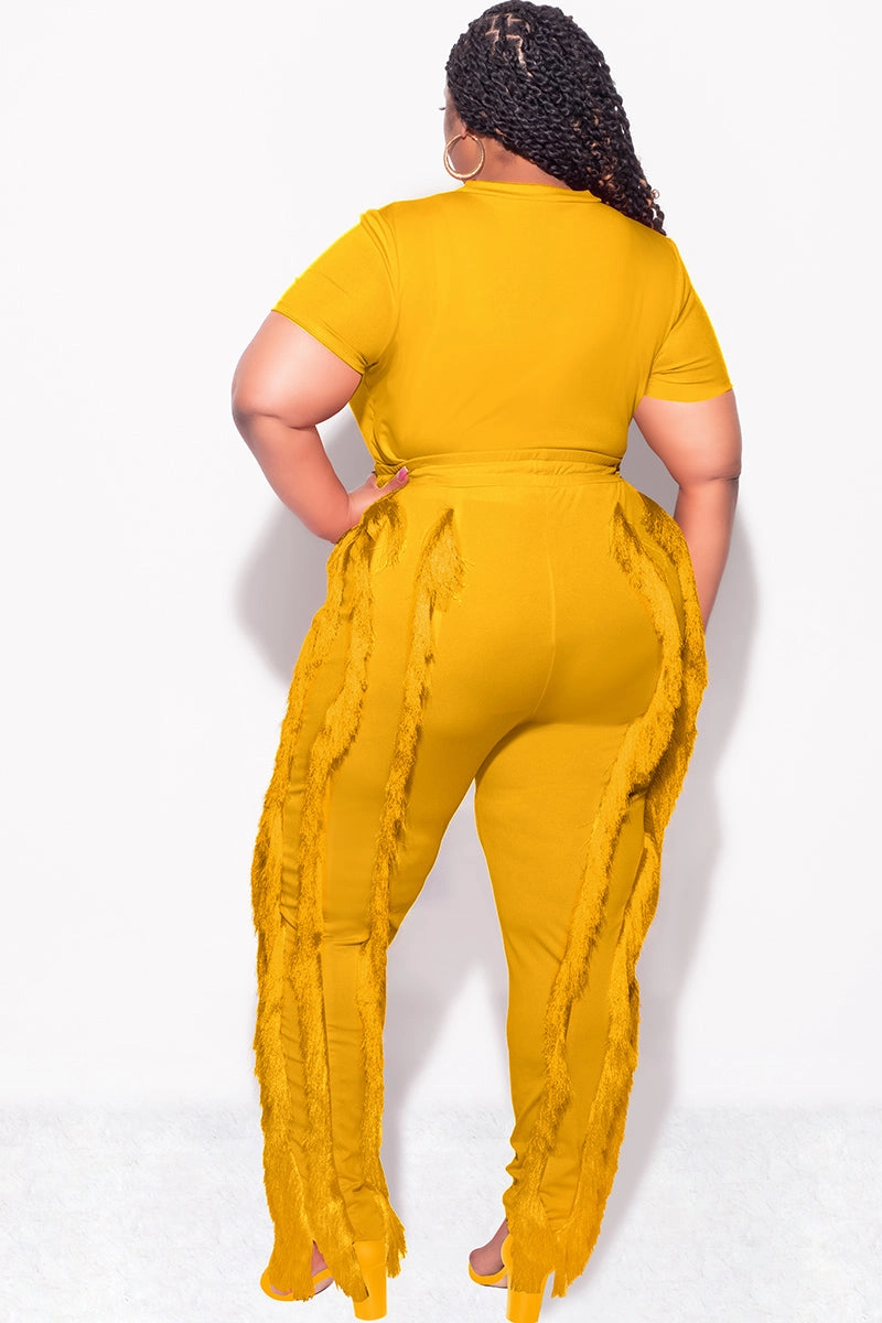 Final Sale Plus Size 2pc Tassel Pant Set in Mustard Compression Fit Stretchable Fabric