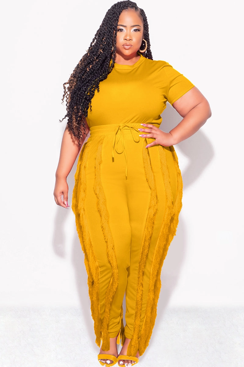 AntiStaticTreatment Final Sale Plus Size 2pc Tassel Pant Set in Mustard