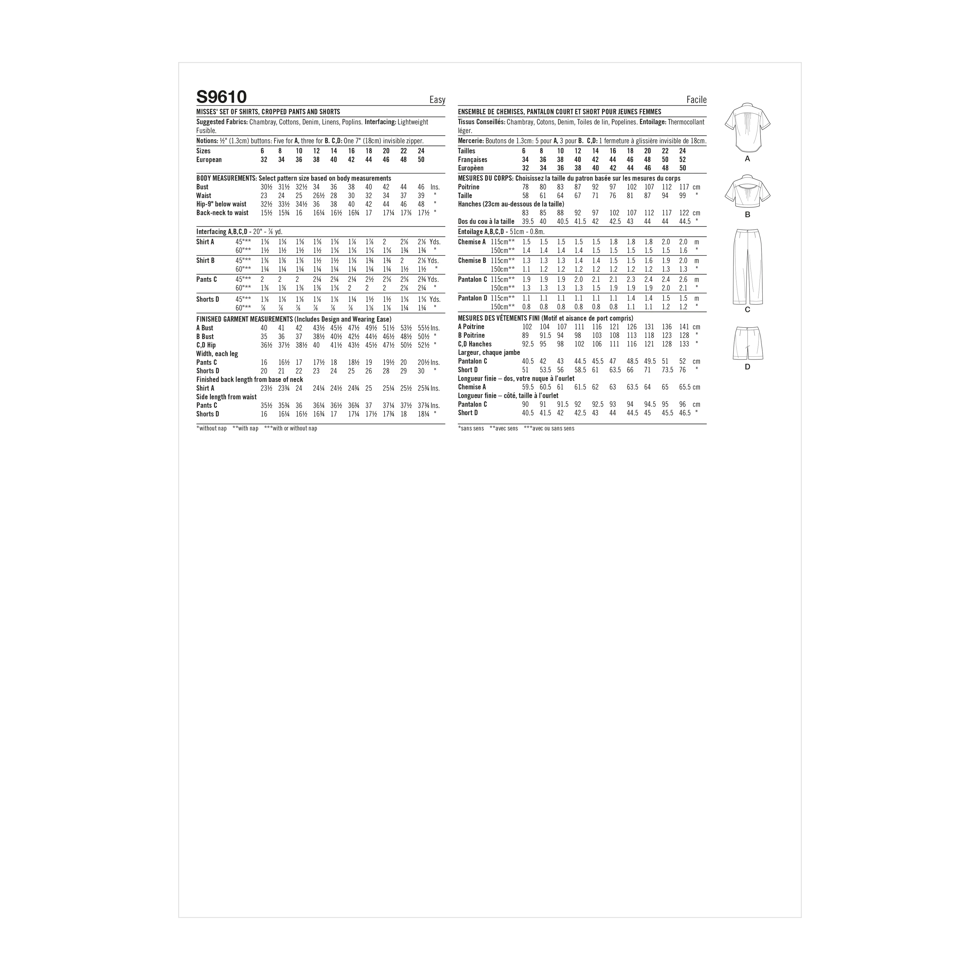 Simplicity Pattern SS9610 Misses' Set of Tops, Cropped Pants and Shorts
