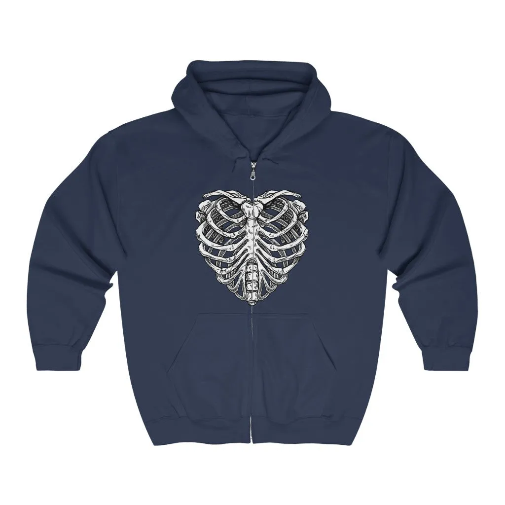 Skeleton Heart Hoodie Zip Up, Skull Rib Cage Bones Halloween Gothic Y2K Full Zip Men Women Adult Aesthetic Graphic Hooded Sweatshirt Pockets