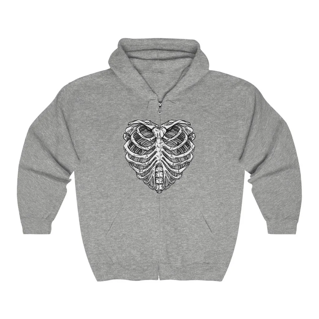 Skeleton Heart Hoodie Zip Up, Skull Rib Cage Bones Halloween Gothic Y2K Full Zip Men Women Adult Aesthetic Graphic Hooded Sweatshirt Pockets