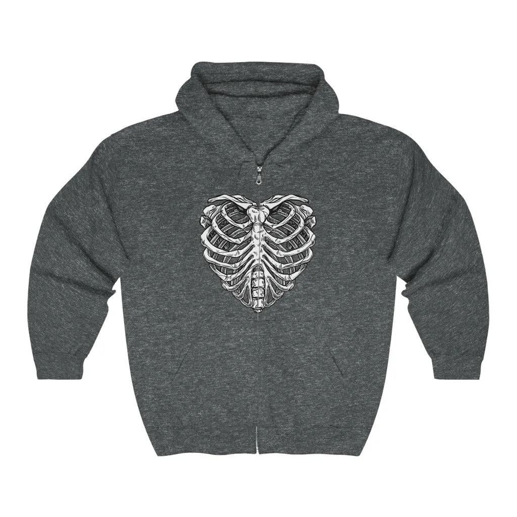 Skeleton Heart Hoodie Zip Up, Skull Rib Cage Bones Halloween Gothic Y2K Full Zip Men Women Adult Aesthetic Graphic Hooded Sweatshirt Pockets