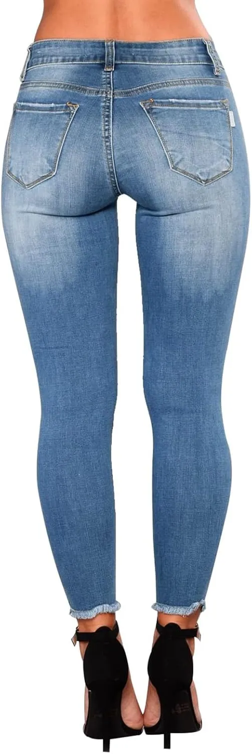 Skinny Jeans for Women Raw Hem Elastic Low Rise Ripped Jeans Casual Tapered Distressed Jeans with Pockets Denim Pants