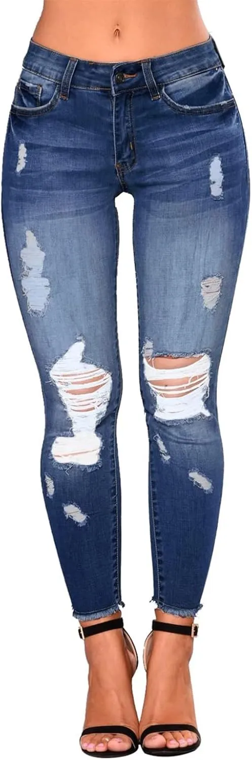 Skinny Jeans for Women Raw Hem Elastic Low Rise Ripped Jeans Casual Tapered Distressed Jeans with Pockets Denim Pants