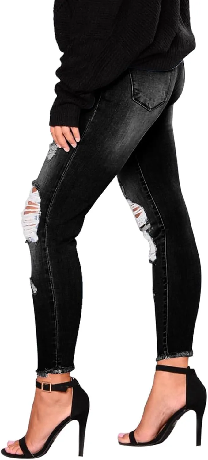Skinny Jeans for Women Raw Hem Elastic Low Rise Ripped Jeans Casual Tapered Distressed Jeans with Pockets Denim Pants