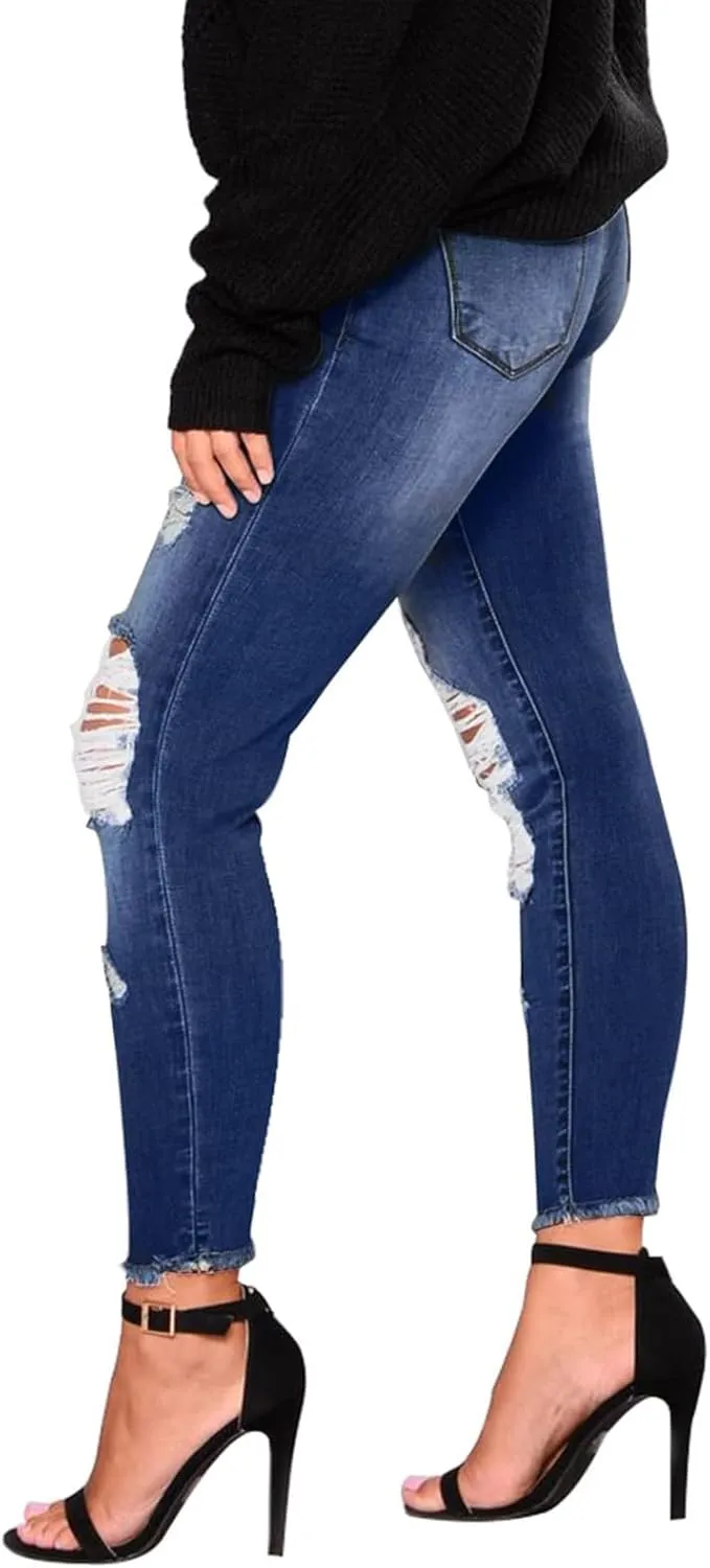 Skinny Jeans for Women Raw Hem Elastic Low Rise Ripped Jeans Casual Tapered Distressed Jeans with Pockets Denim Pants