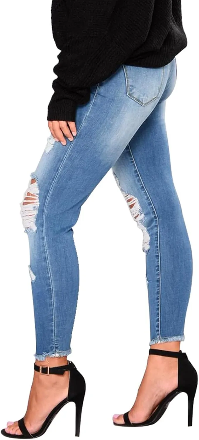 Skinny Jeans for Women Raw Hem Elastic Low Rise Ripped Jeans Casual Tapered Distressed Jeans with Pockets Denim Pants