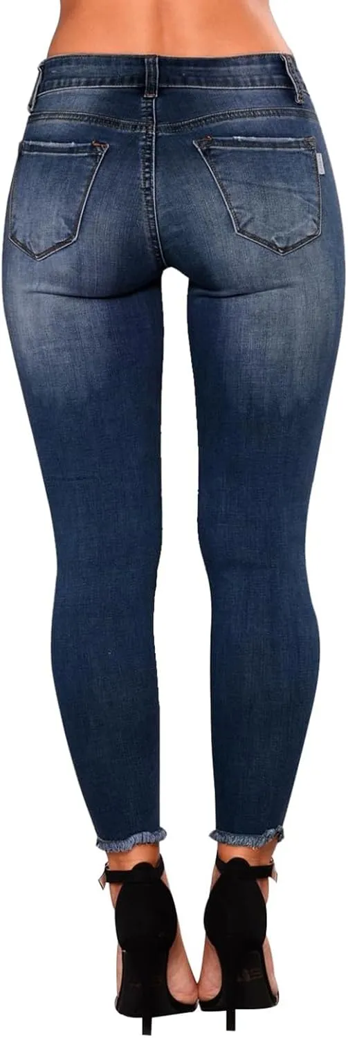 Skinny Jeans for Women Raw Hem Elastic Low Rise Ripped Jeans Casual Tapered Distressed Jeans with Pockets Denim Pants