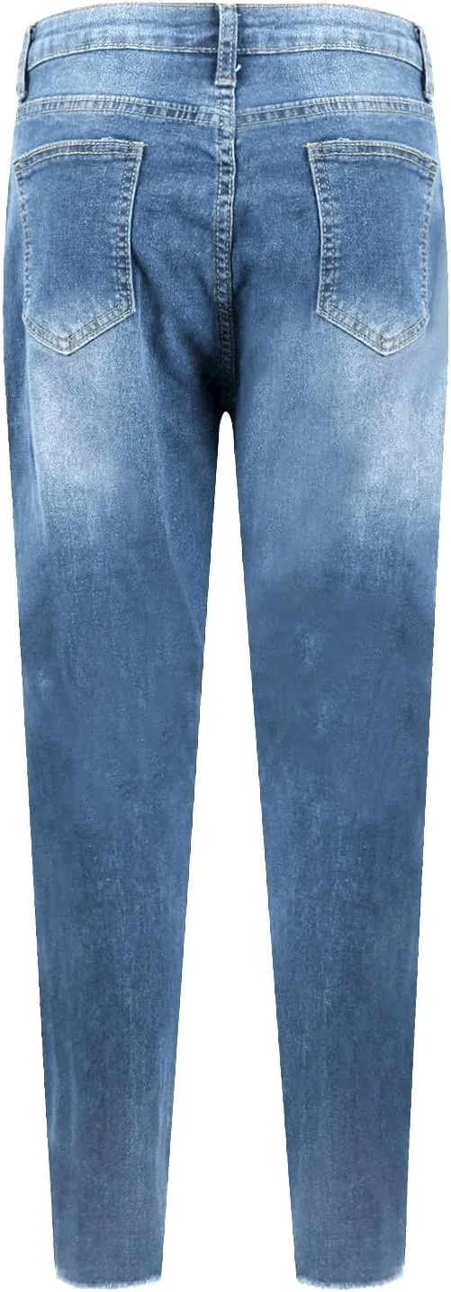 Skinny Jeans for Women Raw Hem Elastic Low Rise Ripped Jeans Casual Tapered Distressed Jeans with Pockets Denim Pants