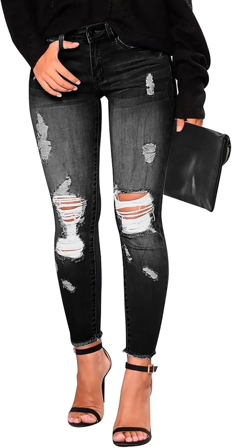 Skinny Jeans for Women Raw Hem Elastic Low Rise Ripped Jeans Casual Tapered Distressed Jeans with Pockets Denim Pants