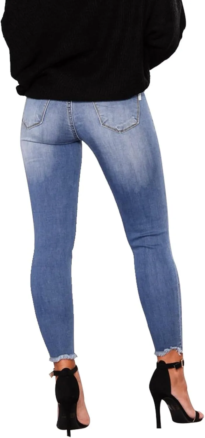 Skinny Jeans for Women Raw Hem Elastic Low Rise Ripped Jeans Casual Tapered Distressed Jeans with Pockets Denim Pants