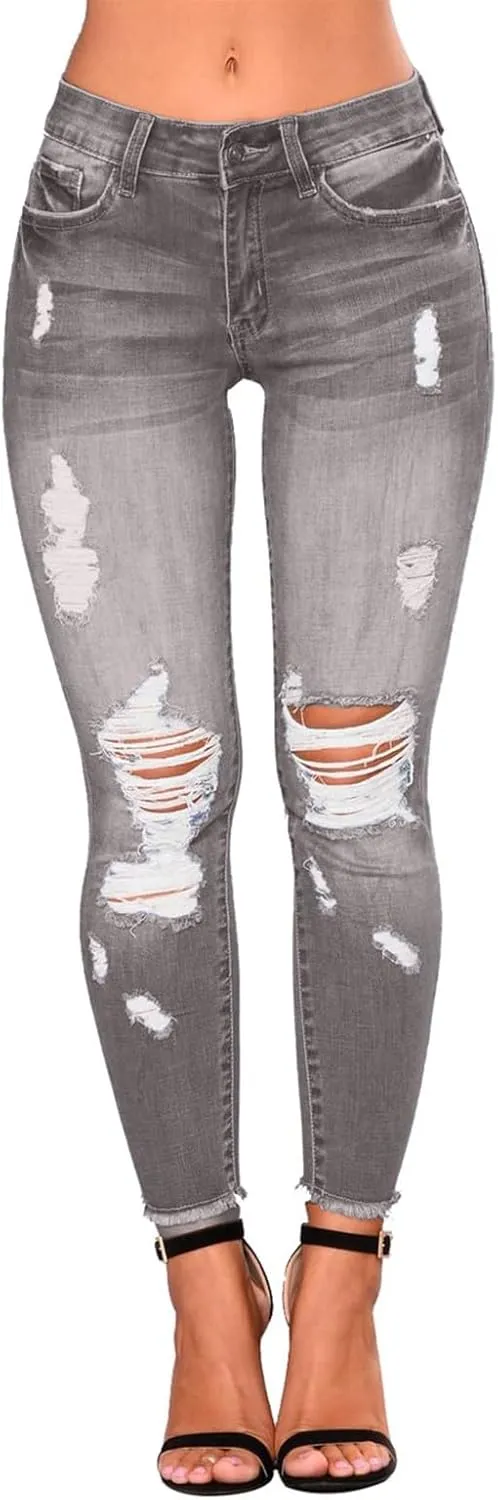 Skinny Jeans for Women Raw Hem Elastic Low Rise Ripped Jeans Casual Tapered Distressed Jeans with Pockets Denim Pants