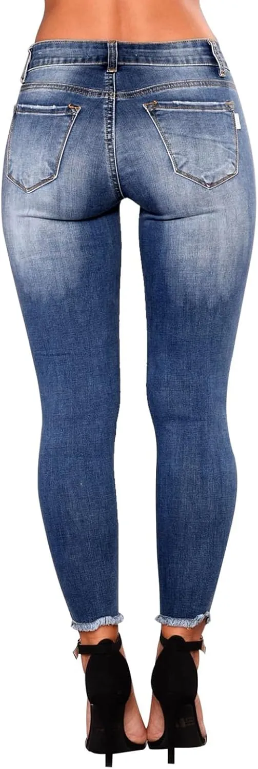 Skinny Jeans for Women Raw Hem Elastic Low Rise Ripped Jeans Casual Tapered Distressed Jeans with Pockets Denim Pants