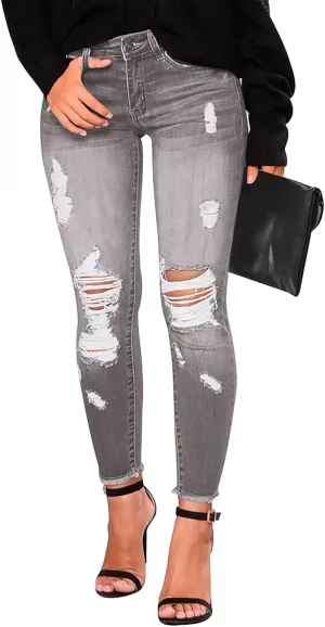 Skinny Jeans for Women Raw Hem Elastic Low Rise Ripped Jeans Casual Tapered Distressed Jeans with Pockets Denim Pants