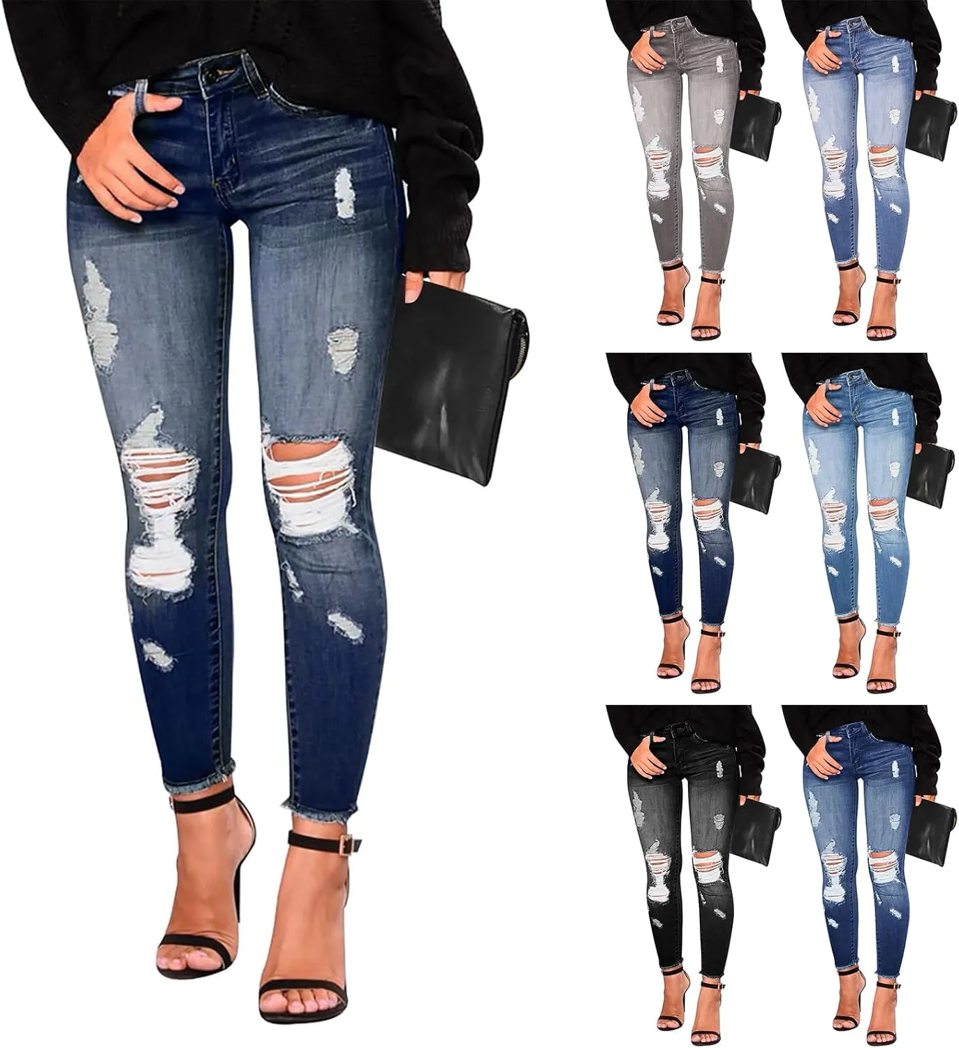 Skinny Jeans for Women Raw Hem Elastic Low Rise Ripped Jeans Casual Tapered Distressed Jeans with Pockets Denim Pants