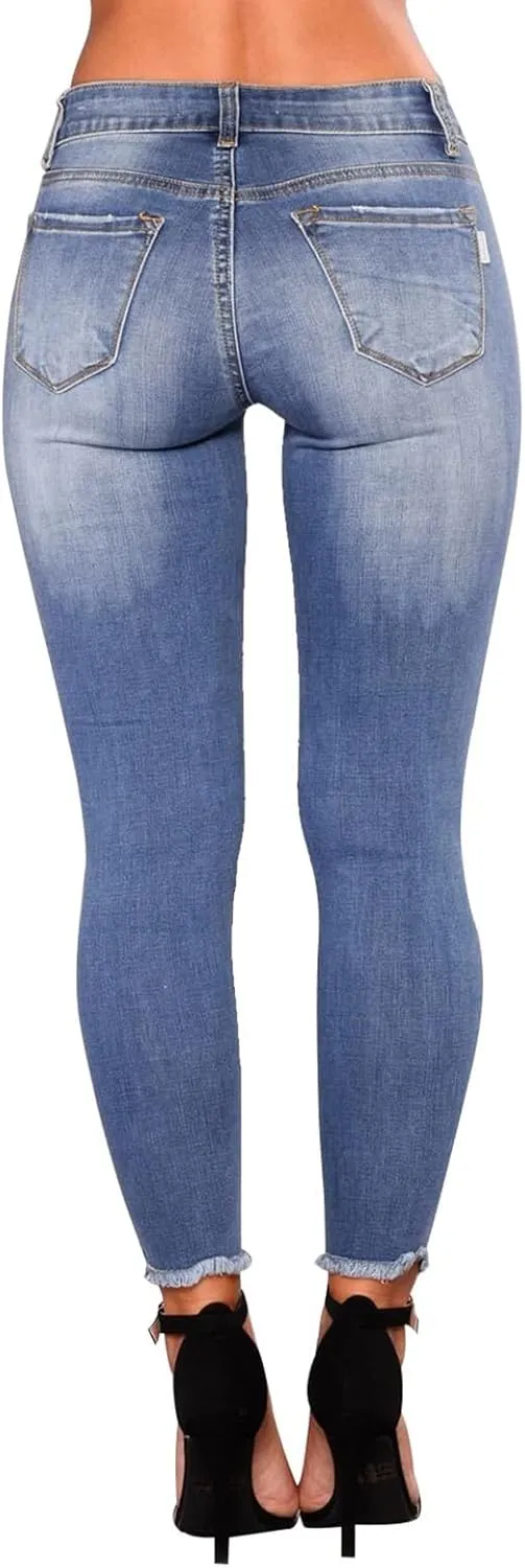 Skinny Jeans for Women Raw Hem Elastic Low Rise Ripped Jeans Casual Tapered Distressed Jeans with Pockets Denim Pants