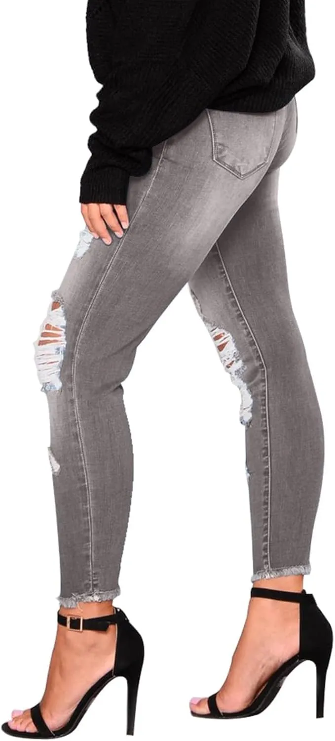 Skinny Jeans for Women Raw Hem Elastic Low Rise Ripped Jeans Casual Tapered Distressed Jeans with Pockets Denim Pants
