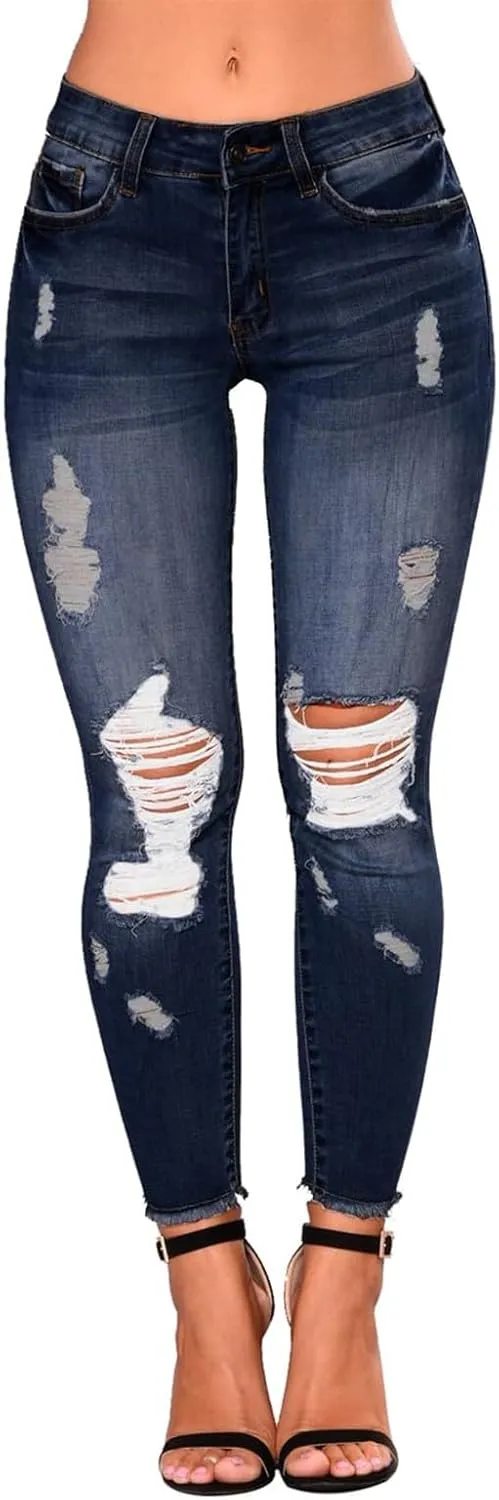 Skinny Jeans for Women Raw Hem Elastic Low Rise Ripped Jeans Casual Tapered Distressed Jeans with Pockets Denim Pants