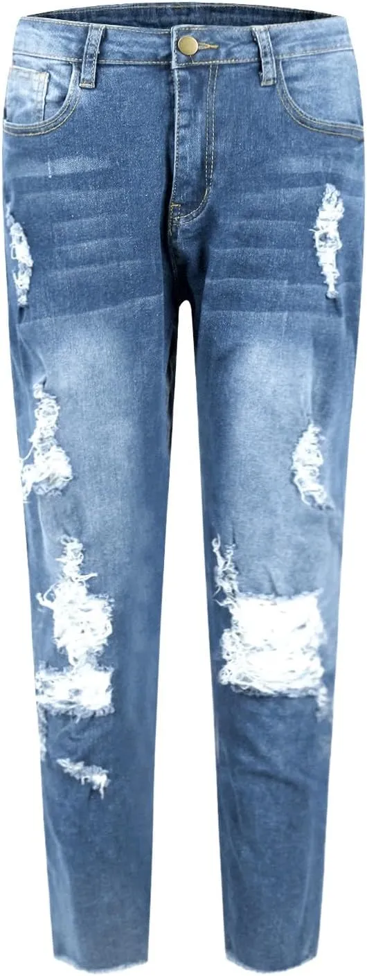 Skinny Jeans for Women Raw Hem Elastic Low Rise Ripped Jeans Casual Tapered Distressed Jeans with Pockets Denim Pants