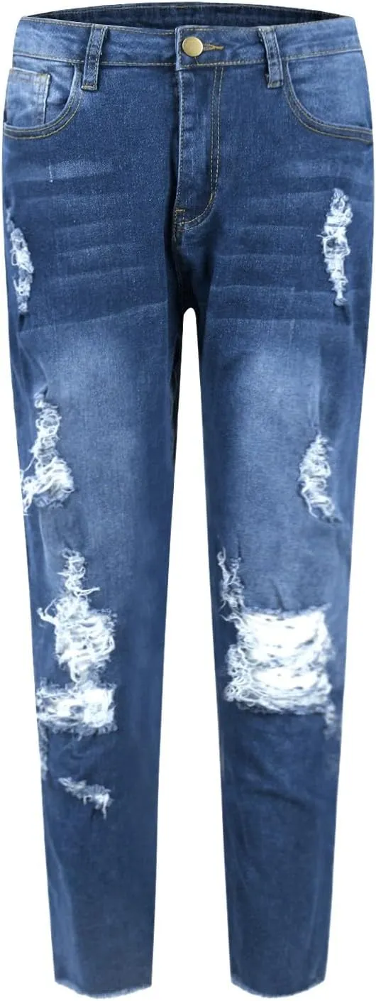 Skinny Jeans for Women Raw Hem Elastic Low Rise Ripped Jeans Casual Tapered Distressed Jeans with Pockets Denim Pants