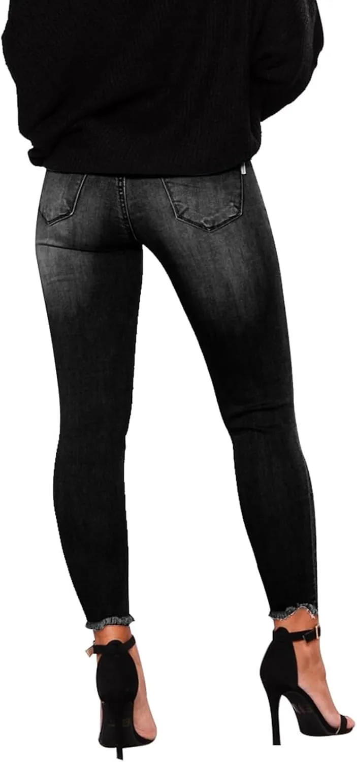 Skinny Jeans for Women Raw Hem Elastic Low Rise Ripped Jeans Casual Tapered Distressed Jeans with Pockets Denim Pants