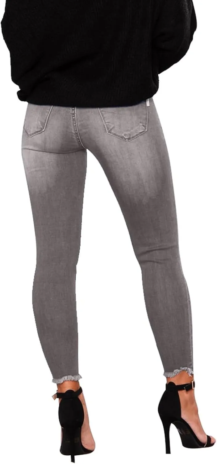 Skinny Jeans for Women Raw Hem Elastic Low Rise Ripped Jeans Casual Tapered Distressed Jeans with Pockets Denim Pants