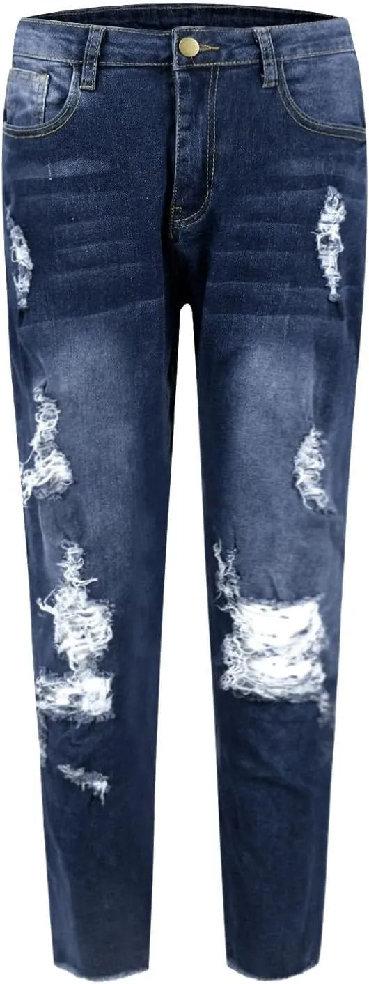 Skinny Jeans for Women Raw Hem Elastic Low Rise Ripped Jeans Casual Tapered Distressed Jeans with Pockets Denim Pants