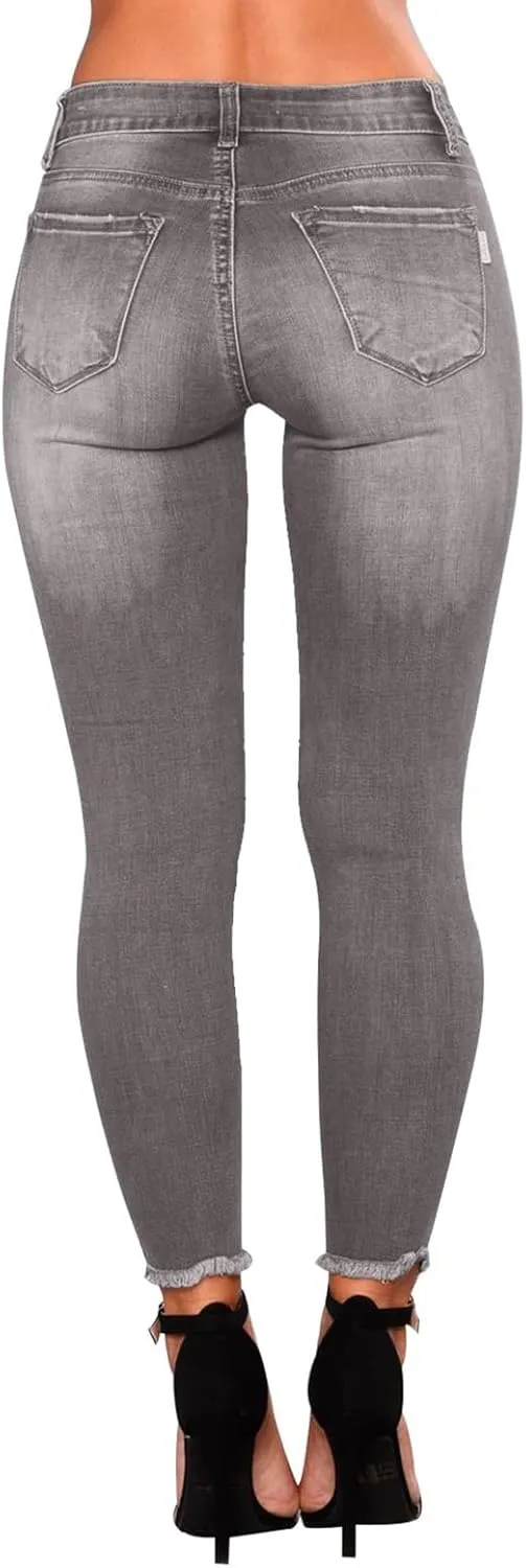 Skinny Jeans for Women Raw Hem Elastic Low Rise Ripped Jeans Casual Tapered Distressed Jeans with Pockets Denim Pants