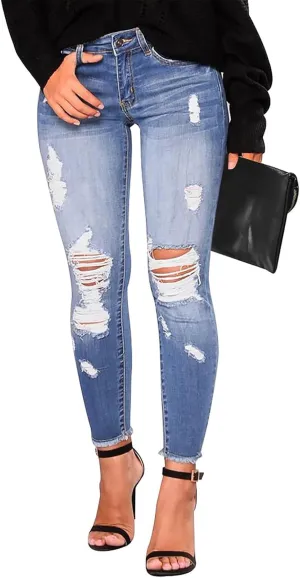 Skinny Jeans for Women Raw Hem Elastic Low Rise Ripped Jeans Casual Tapered Distressed Jeans with Pockets Denim Pants