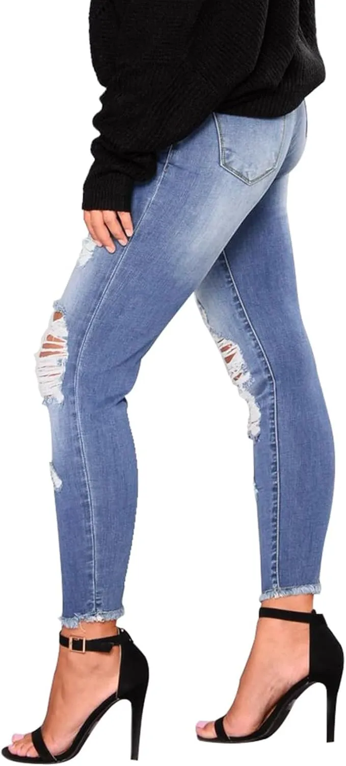 Skinny Jeans for Women Raw Hem Elastic Low Rise Ripped Jeans Casual Tapered Distressed Jeans with Pockets Denim Pants
